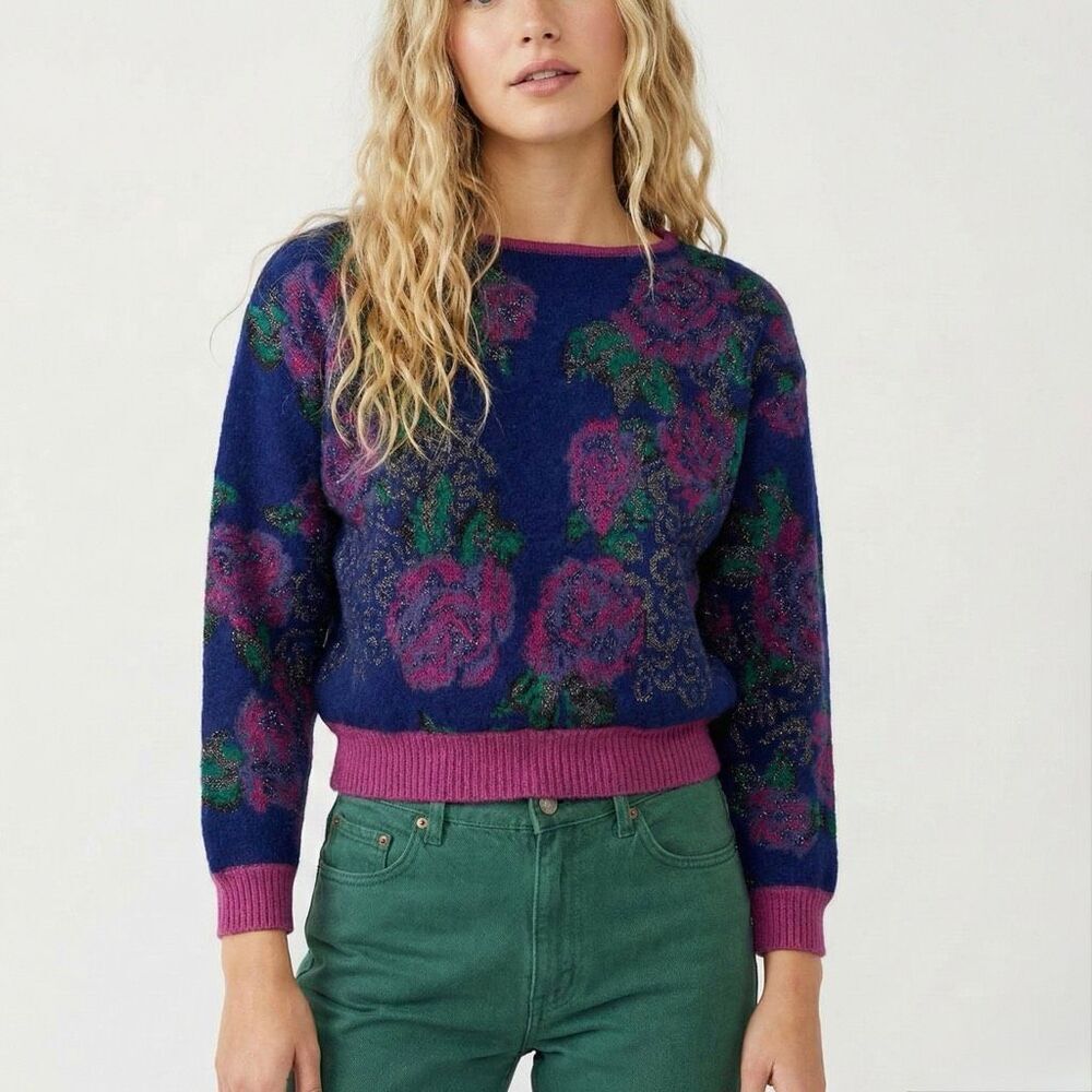 Vintage Emanuel Ungaro Parallèle Wool Blend Floral Sweater 9 Medium Pink Purple